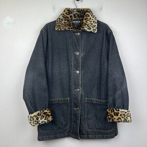 Vintage Y2K Faux Fur Denim Leopard Jean Jacket Size Medium